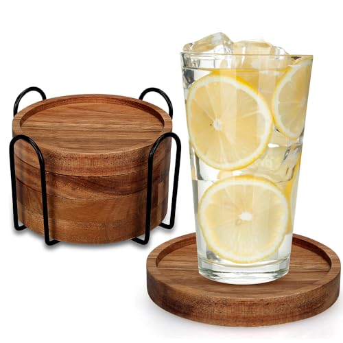 4 Pcs Farmhouse Wooden Coasters with Holder Cute Wood Drink Coaster Set Outdoor Beer Costers Home Decoration Coffee Table Decor Gift Cup Coaster Bar Kitchen Dining Table Accessories Modern Coasters - style: 4 Pcs Round