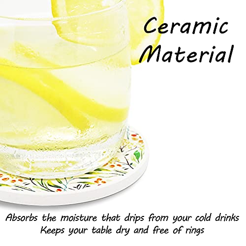 AD Set of 6 Coasters for Drinks Absorbing Round Ceramic Stone Coaster with Cork Base,Tabletop Protection Mat for Mugs and Cups,Office,Kitchen (Bontanicals with Holder) - style: Bontanicals with Holder