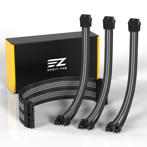 EZDIY-FAB PSU Extension Cable Sleeved Custom Mod PC Power Supply Cable, Soft Nylon Braided with Comb Kit 24PIN/8PIN to 6+2Pin/ 8PIN to 4+4PIN-30CM - Black Grey - color: Black Grey