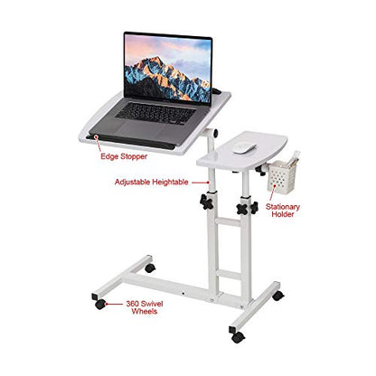Overbed Table,Adjustable Laptop Desk with Cart, Computer Workstation, Bed Side Table, Tiltable Table and Mouse pad for Laptop-Marble White