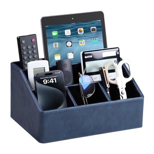 PU Leather Desk Organizer, Luxury Remote Control Holder for Home, Office Desk Accessories Table Caddy Bedside Nightstand Organizer (Dark Blue) - color: Dark Blue