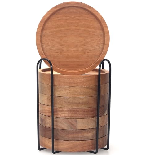 Rustic Wooden Coasters Set of 8 Farmhouse Coffee Table Decor Acacia Wood Drink Coaster with Holder Modern Outdoor Bar Cool Cup Costers Kitchen Accessories Decoration Home Dining Coasters Gift - style: 8 Pcs