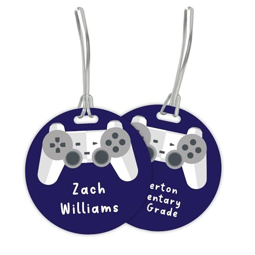 Personalized Gamer Circle Luggage Tag / 4" Round Custom Video Game Bag Tag/Double Sided Durable Plastic Luggage Tag with Plastic Strap/Made in The USA - style: Video Game