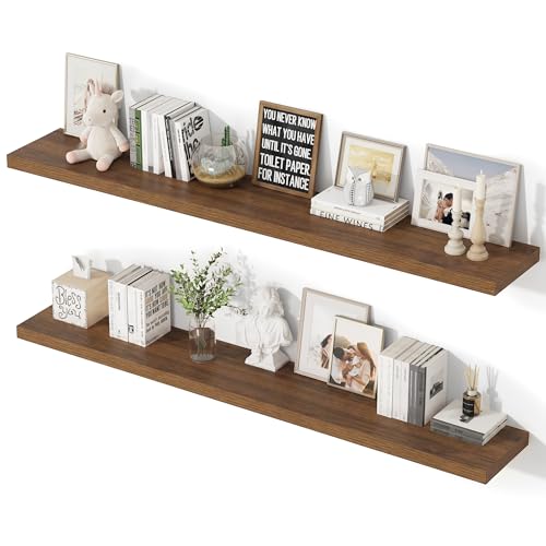55 Inch Floating Shelves, 12 Inch Deep Floating Shelves for Wall, Extra Deeper & Thicker Wooden Wall Shelf with Invisible Brackets, Shelf for Bedroom Living Room Home Decor（Walnut, Set of 2） - color: Walnut, size: 55"W x 12"D x 2"H, Set of 2