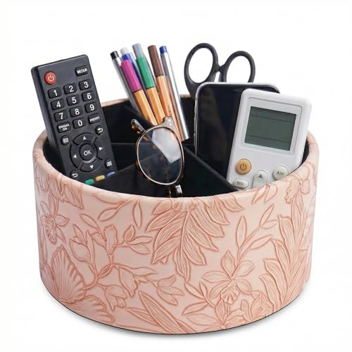 Remote Control Holder, 360°Spinning PU Leather Desk TV Remote Caddy,Desk Storage Box Room Accessories for Controller, Media,Mail,Calculator, Mobile Phone,Pencil(1-Carved Pink) - color: 1-Big Carved Pink