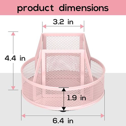 YINGHUA Metal Mesh Desk Organizer with 5 Compartments and Rotating Pencil Holder Pen and Stationery Organizer for Office Home School Anti Slip Base Pink - color: Pink