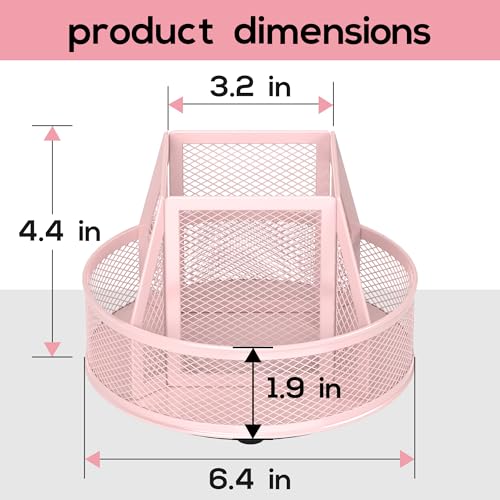 YINGHUA Metal Mesh Desk Organizer with 5 Compartments and Rotating Pencil Holder Pen and Stationery Organizer for Office Home School Anti Slip Base Pink - color: Pink
