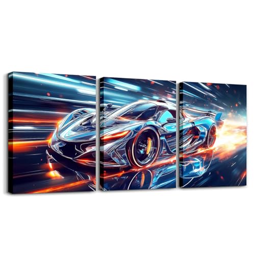 Boys Race Car Wall Art,Cool Race Sports Car Canvas Wall Art Set of 3 for Kids Boys,Teal Blue Racing Cars Poster Prints for Boy,Glitter Stripes Cool Sports Cars Decor,Soft Lightweight,12x16 - color: Teal Blue