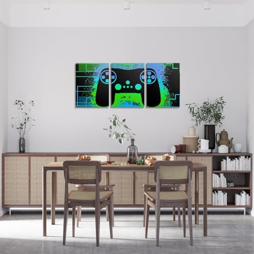 Feelyou Green Blue Gamer Canvas Wall Art for Bedroom Wall Decor for Living Room Office Wall Decor Tech Line Gaming Painting Framed Graffiti Gamepad Wall Pictures 3 Piece for Bathroom Home Decor - color: Black Blue Green