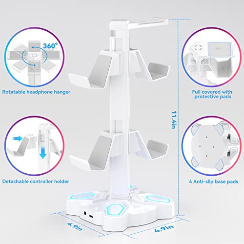 KDD Gaming Headphones Stand, Rotatable Headset Stand with Light Modes - Controller Holder with 2 USB Charging Ports and 3.5mm - Earphone Hanger Accessories for Desktop Gamer(White) - color: White