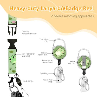Frog Badge Holder with Lanyard, Cute Frogs ID Badge Holder with Retractable Reel Clip and Keychain for Animal Lover, Vertical Identity Card Cover Case Protector for Women Nurse Teacher - color: Frog-green