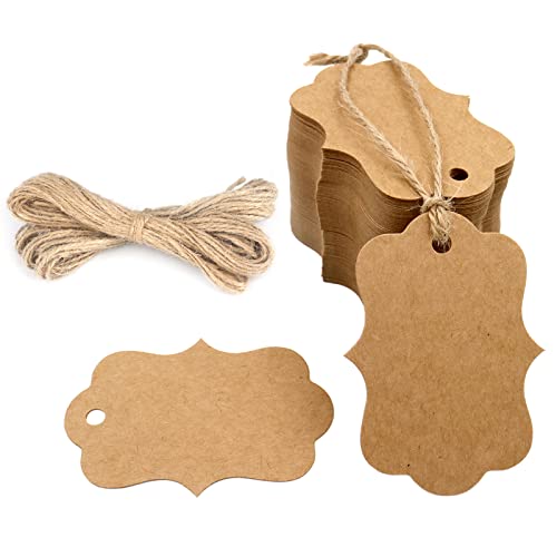 G2PLUS Blank Gift Tags with String, 100PCS Kraft Paper Hang Tags, 2.8x2 in Brown Hanging Price Tag, Wedding Favors Tag for Gift Wrapping, DIY Arts & Crafts, Christmas, Merchandise - color: Brown