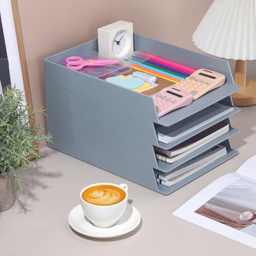Wenqik 4 Pcs Stackable Paper Trays Rectangular Plastic Desk Holder Desktop Document File Organizer Storage Letter for Office Classroom (Gray) - color: Gray