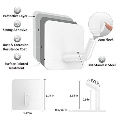 VIS'V Adhesive Hooks for Shower Wall, Heavy Duty, White, 4 Pcs | Metal Material, Compact Design, Peel and Stick, 2 Extra Adhesive Strips, for Bathroom Kitchen Livingroom Office RV - color: White