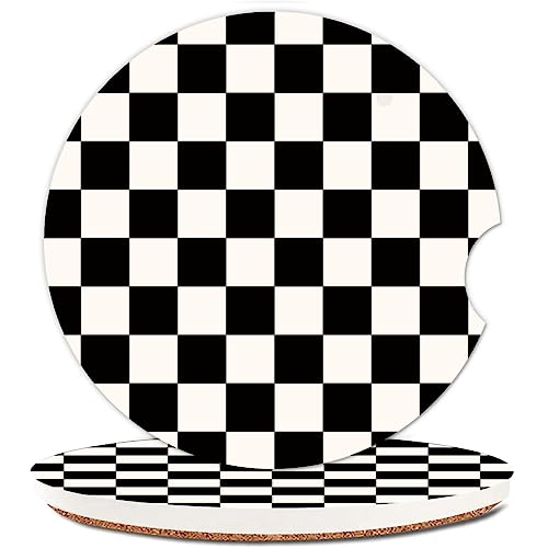 Absorbent Car Cupholder Coaster 2 Pack, Cute Car Coasters with a Finger Notch for Women & Men,2.56" Ceramic Stone & Non-Scratch Cork Base Drink Coasters (Checkerboard) - color: Checkerboard