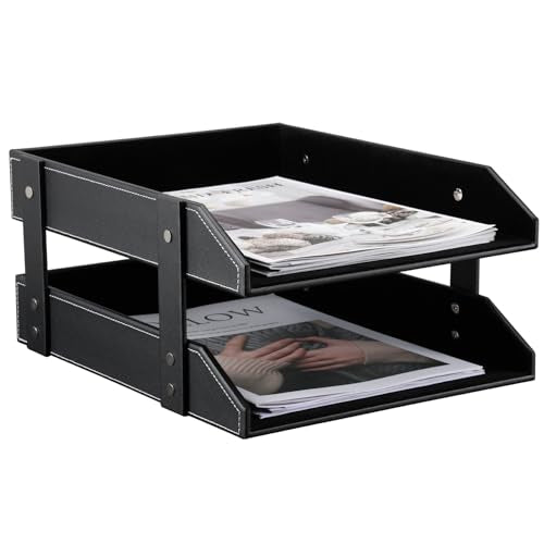 KINGFOM Letter Tray, Leather Paper Organizer Tray, Wooden Desk File Holder, Desktop File, Stackable Magazine Holder, Mail Sorter, Great for Home or Office - 2 Level Black - color: Black, size: 10.8" x 13.8" x 7.2"