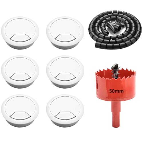 Surf turtle 6 Pack 2 Inch White Desk Grommets, Flexible Cable Cord Hole Cover with Bi-Metal Hole Saw Kit, 2m Cable Sleeve and Coiled Cord Wrap for Desk Wire Management - color: White-T suit, size: 50mm