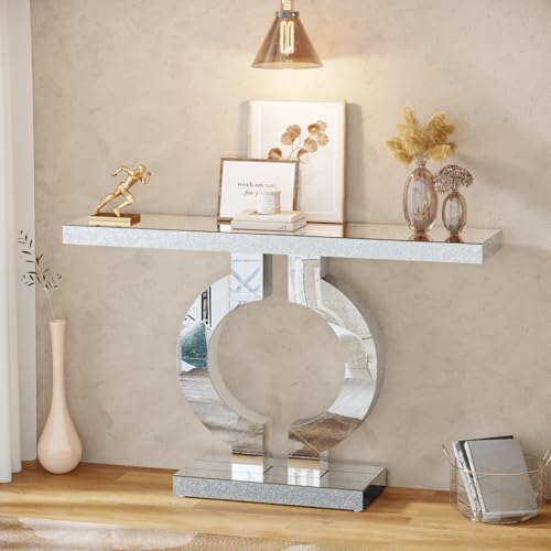Tribesigns 43" Silver Entryway Table with O-Shaped Base, Modern Rectangle Mirrored Sofa Console Table for Living Room, Hallway, Entrance (Silver) - color: Silver
