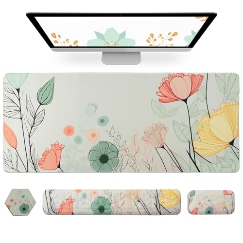 Petmolico Mouse Pad Set Wrist Rest with Keyboard Desk Pad,Mouse Pad with Wrist Rest,Typing Wrist Pad and Cup Coasters,Ergonomic Design for Typing Pain Relief[Light Brown,Big Flower] - color: Green