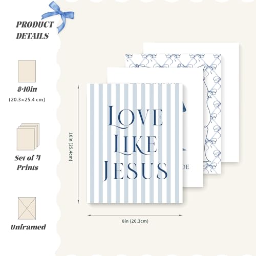 LARTSFRO Coquette Navy Blue Bow Jesus Wall Art Decor Posters, Blue Bow Christian Room Bedroom Bathroom Wall Art Decor Aesthetic for Teen Girls College Gifts, Inspirational Bible Verses Bow Wall Decor, 10x8 Inch Set of 4 Bow Pictures(UNFRAMED) - color: nav