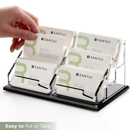 SANRUI Black Business Card Holder for Desk 6 Slot , Clear Acrylic Horizontal Name Card Stand for Women and Men, Desktop Organizer Display for Office Home Exhibition - 360 Card Capacity 1 Pack