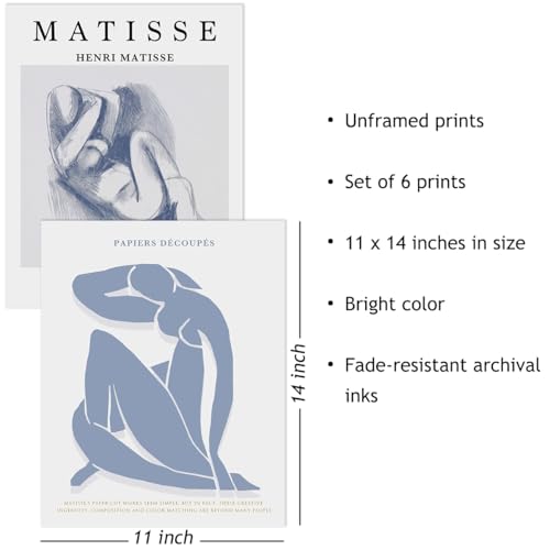 Crocothemis Abstract Matisse Wall Art Exhibition Posters, Vintage Art Boho Art Prints, Retro Room Decor for Aesthetic Bedroom, bule wall art, Unframed, 11 x 14 Inch(Blue)-A06L - color: E Bluish grey, size: 11x14 in Unframed