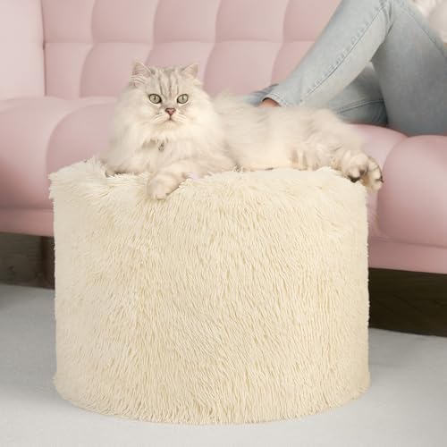 Hansleep Round Pouf Ottoman Foot Rest, Footstool | High-Density One-Piece Foam, Firm & Stable, for Couch, Bedroom, Living Room, Machine Washable Cover - color: Beige, size: 17"D x 17"W x 14"H