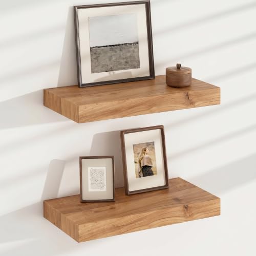 FLYJOE Floating Shelves for Wall, USA-Sourced Elm Wood 16 Inch Wall Shelves Set of 2, Natural Wooden Mounted Picture Ledge Shelf, Nursery Book Storage Shelf Kids Bookshelf Display, Shelf for Bathroom - color: Usa-sourced Elm Wood, size: 16''W, 2Packs
