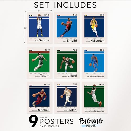 BigWig Prints Basketball Poster Set - Basketball Room Decor for Boys, NBA Posters, Giannis Antetokounmpo, Damian Lillard, Jayson Tatum, Paul George, Tyrese Haliburton, NBA Art - Unframed 9 Pack (8x10) - color: Basketball 4