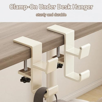 2-Pack Headphone Stand & Hook – Under Desk Headset Holder Clamp Mount for Gaming Headphones, Backpacks, Purses, Coats – Space-Saving Desk Accessories (White Dual Hook)