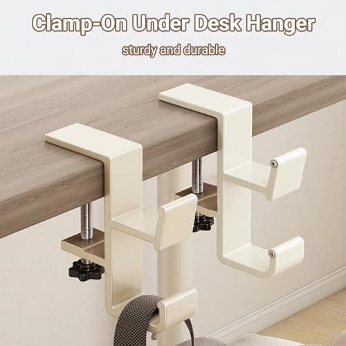 2-Pack Headphone Stand & Hook – Under Desk Headset Holder Clamp Mount for Gaming Headphones, Backpacks, Purses, Coats – Space-Saving Desk Accessories (White Dual Hook)