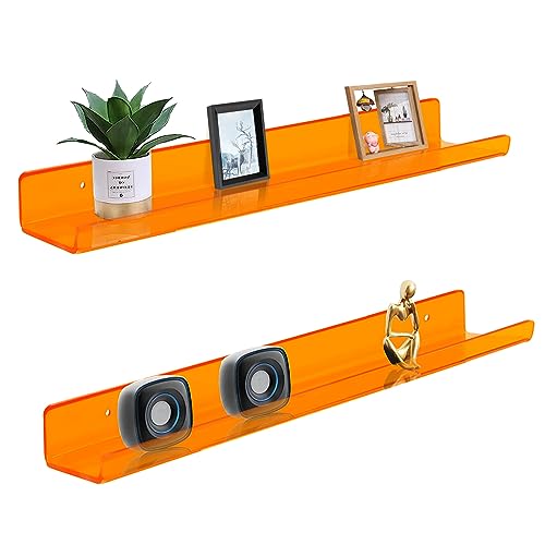 ROYALITA 24 Inches Acrylic Floating Book Shelves Wall Mounted Set of 2, Wall Hanging Plant Display Shelves, Room Decor Floating Wall Shelves for Gaming Room, Bedroom, Living Room, Office, Orange - color: Orange, size: 24 Inch