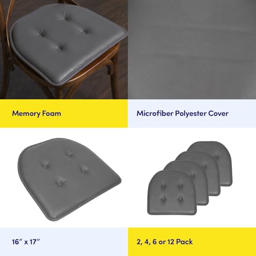 Sweet Home Collection Chair Cushion Memory Foam Pads Tufted Slip Non Skid Rubber Back U-Shaped 17" x 16" Seat Cover, 4 Count (Pack of 1), Faux Leather Gray - color: Faux Leather Gray, size: 4 Pack, style: Foam Pads