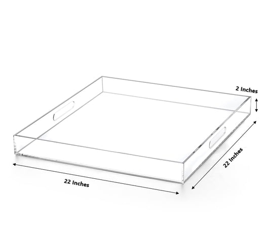 Extra Large Clear Modern Acrylic Ottoman Tray with Cutout Handles 22x22 Inch Over-Sized Serving Tray Organizer Boot Tray Decorative Tray for Living Room Bedroom Entryway and Kitchen Tabletop - color: Clear, size: 22" x 22" x 2"