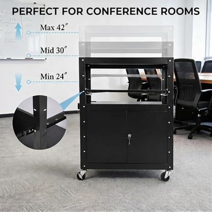 Adjustable Height AV Media Cart, 24-42 Inch Mobile Stand with Locking Storage, Extended Tray Organizer, Cable Management Wheels, for Home Office School - size: Without extension rack