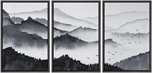 NWT Framed Canvas Print Wall Art Set Pastel Watercolor Misty Mountain Forest Nature Wilderness Illustrations Modern Art Decorative Landscape Rustic for Living Room, Bedroom, Office - 16"x24"x3 Black - color: A002-2206-yuk21, size: 16" x 24" x 3 Panels BLA
