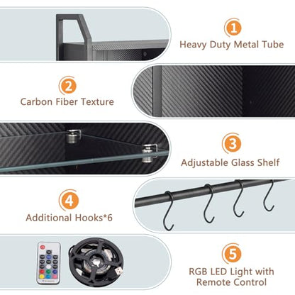 Gaming Floating Wall Shelves with Led Lights, Wall Mounted Shelf, 24" Led Lights and Adjustable Glass Bar Wine Shelf, Black Wall Shelf with 6 Hooks for Gaming Room Bedroom Living Room