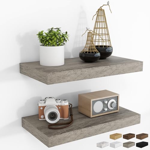 RICHFOCUS 16Inch Floating Shelves for Wall 2 Pack Shelves for Bedroom|Kitchen|Bathroom Wall Mounted Rustic Wood Floating Shelf with Invisible Brackets for Books|Storage|Decor, Grey - color: Grey, size: 15.7"L x 8"D, Set of 2
