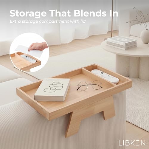 Libken Couch Arm Tray – Rubberwood Sofa Armrest Table with Extra Storage Compartment, Minimal Scandinavian Wooden Design, Fits Multiple Arm Shapes & Sizes – Elegant Couch Armrest Organizer