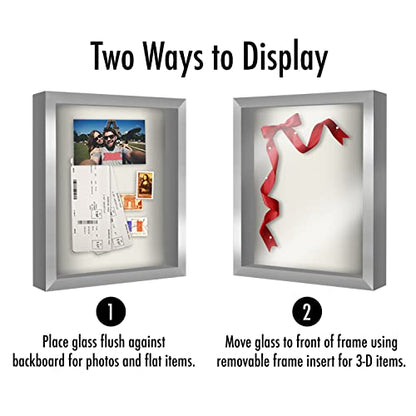 Americanflat 11x14 Shadow Box Frame with Shatter-Resistant Glass - Silhouette Collection - Large Shadow Box Display Case for Tabletop and Wall Display - Silver with Soft Felt Back - color: Silver, size: 11x14