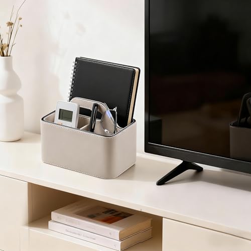 Caddy Organizer with Handle, PU Leather Remote Control Holder Desk Caddy, Portable Makeup Remote Organizer for Table, Nightstand, Office (Beige) - color: Beige