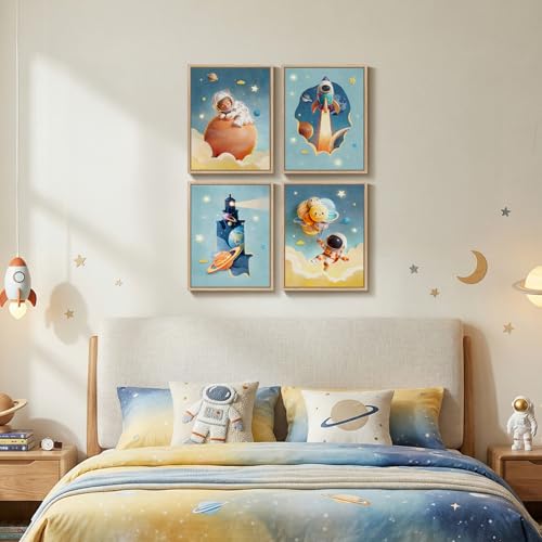 Framed Space Wall Art Set for Nursery Decor, Modern Space Themed Canvas Prints Bedroom Decor, Outer Space Astronaut Pictures for Kids Playroom Bathroom Baby Boys Girls Room Wall Decor, 11x14 Inch - color: Blue & Orange & Yellow, size: 11"W x 14"H x 4Pcs