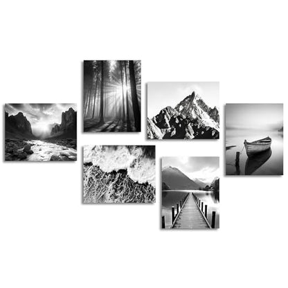 Dazzlewall Black and White Wall Decor Poster Modern Mountain Nature Landscapes Wall Poster for Bedroom Living Room Decor 8x10 in Unframed Set of 6