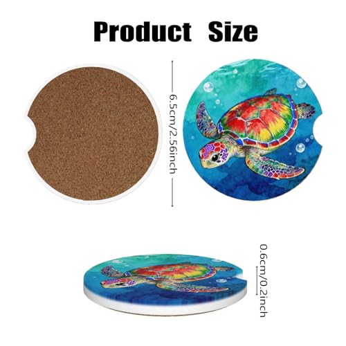 Car Cup Holder Coasters, 2 Pcs Ceramic Coasters with Finger Slot and Cork Back, Anti-Slip Shock Absorbing Women and Men Universal Car Accessories - Colorful Sea Turtle - color: Colorful Sea Turtle