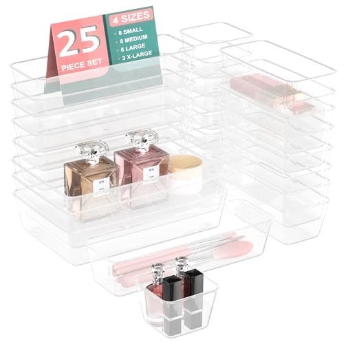 25 PCS Plastic Drawer Organizer Set, 4-size Clear Bathroom and Vanity Desk Drawer Organizer Trays, Non-Slip Versatile Storage Bins for Makeup Jewelry Office Kitchen Gadgets