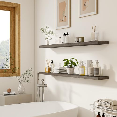 Vivelove Flat Edge Elm Wood Floating Shelf with Invisible Bracket 55”Grey - color: Grey, size: 55”,set of 1