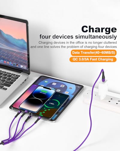 SIQIWO Multi USB C Cable Fast Charging, [4FT/2 Pack] QC 3.0(3A) USB C Splitter Cable, 4 in 1 Charger Cord with 4 Type C Ports, for iPhone 17/16/15 Series, iPad Air/Pro, Samsung Galaxy S26, Pixel, PS5 - color: Purple