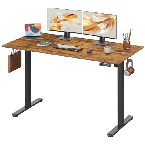 DEVAISE 55 Inch Electric Standing Desk, Adjustable Computer Desk for Home Office, Ergonomic Sit to Stand Desk with LED Touchscreen，Headphone Hook, 3 Memory Preset, with Split Top, Rustic Brown - color: Rustic Brown, size: 55 Inch / Split Top
