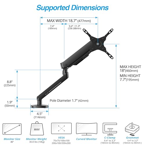 AVLT Single 27”-45” RGB Gaming Monitor Arm Desk Mount Built-in 20 Lighting Modes Touch Button Control Fits Flat/Curved/Ultrawide Screen Height Swivel Tilt Rotation Adjustable Stand -Black - color: Black - Single