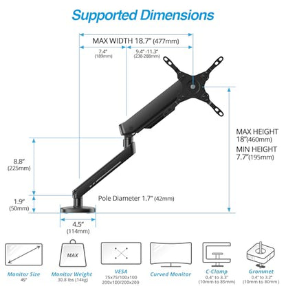 AVLT Single 27”-45” RGB Gaming Monitor Arm Desk Mount Built-in 20 Lighting Modes Touch Button Control Fits Flat/Curved/Ultrawide Screen Height Swivel Tilt Rotation Adjustable Stand -Black - color: Black - Single